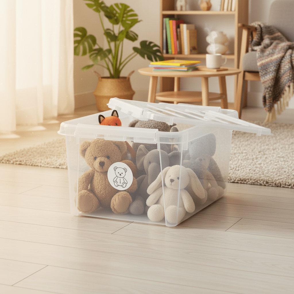 Förvaringsbox med rund lekettikett i färgfullt barnrum, använd för ryddig organisering av gosedjur, klosser och småleker.
