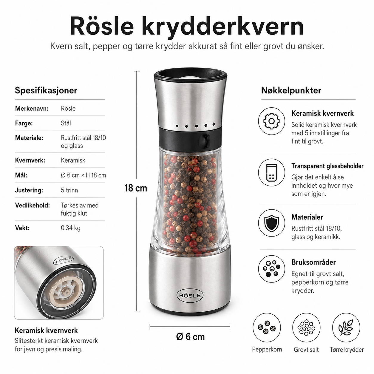 Krydderkvern rustfritt stål 18 cm