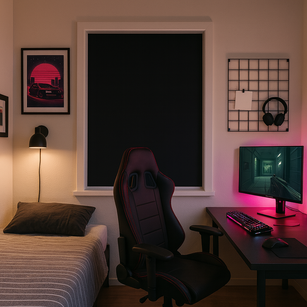 Soverom med gaming-oppsett og mørkleggingsfolie på vinduet. Folien blokkerer lys og innsyn, og skaper et mørkt og privat rom perfekt for søvn og gaming.