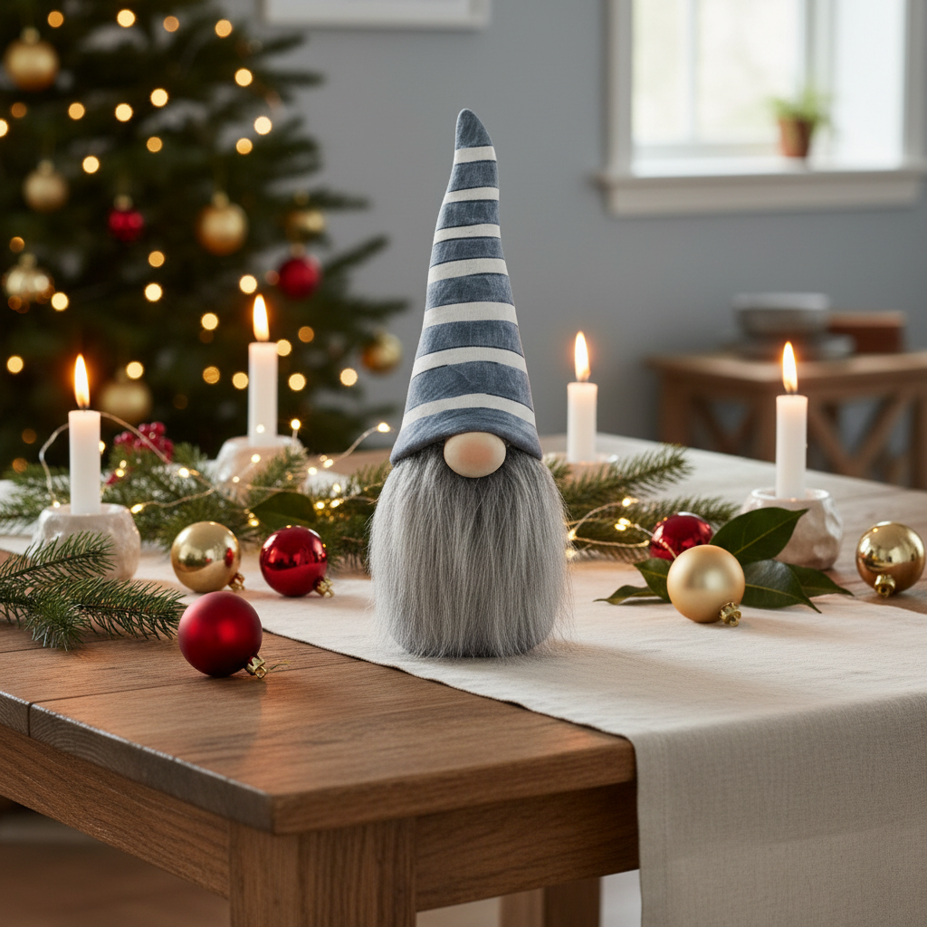 Bob nissefigur på julepyntet bord med lys og juledekorasjoner - koselig norsk juledekorasjon i nordisk stil