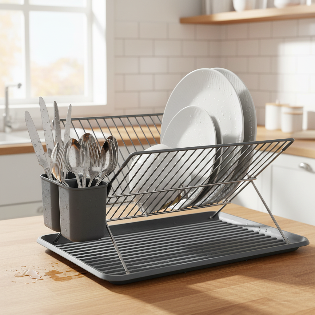 oppvask organisert i stativ med glass og tallerkener