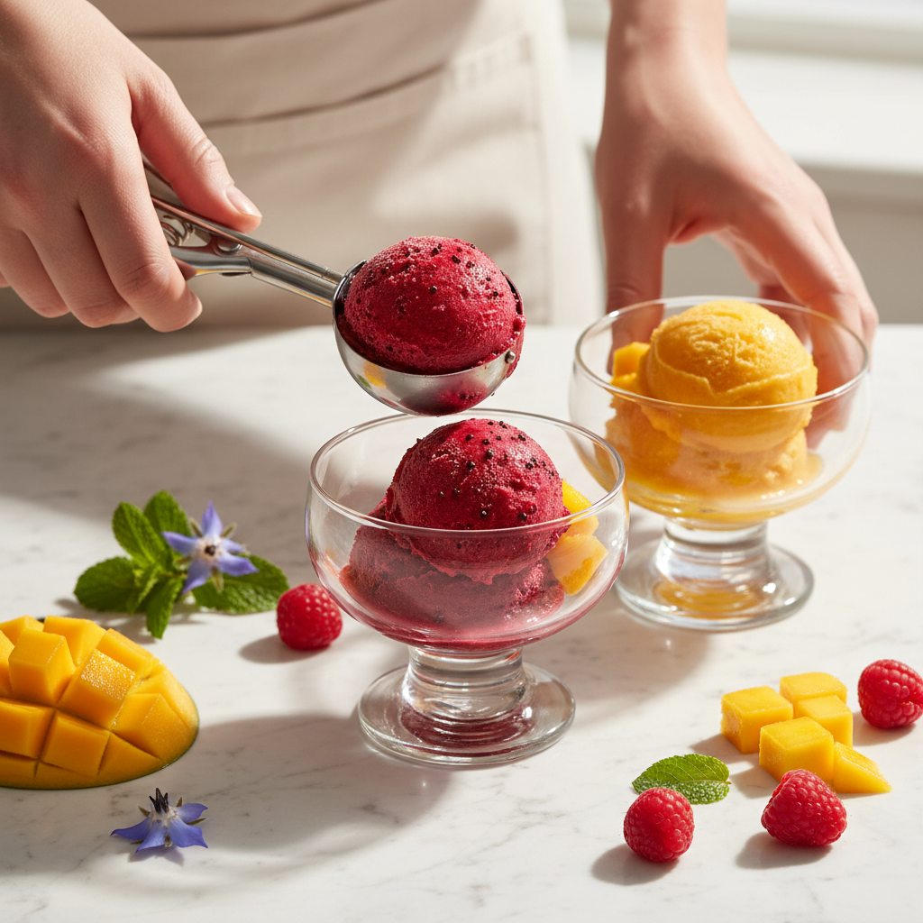 kjøkkenredskap til dessert og porsjonering av iskrem