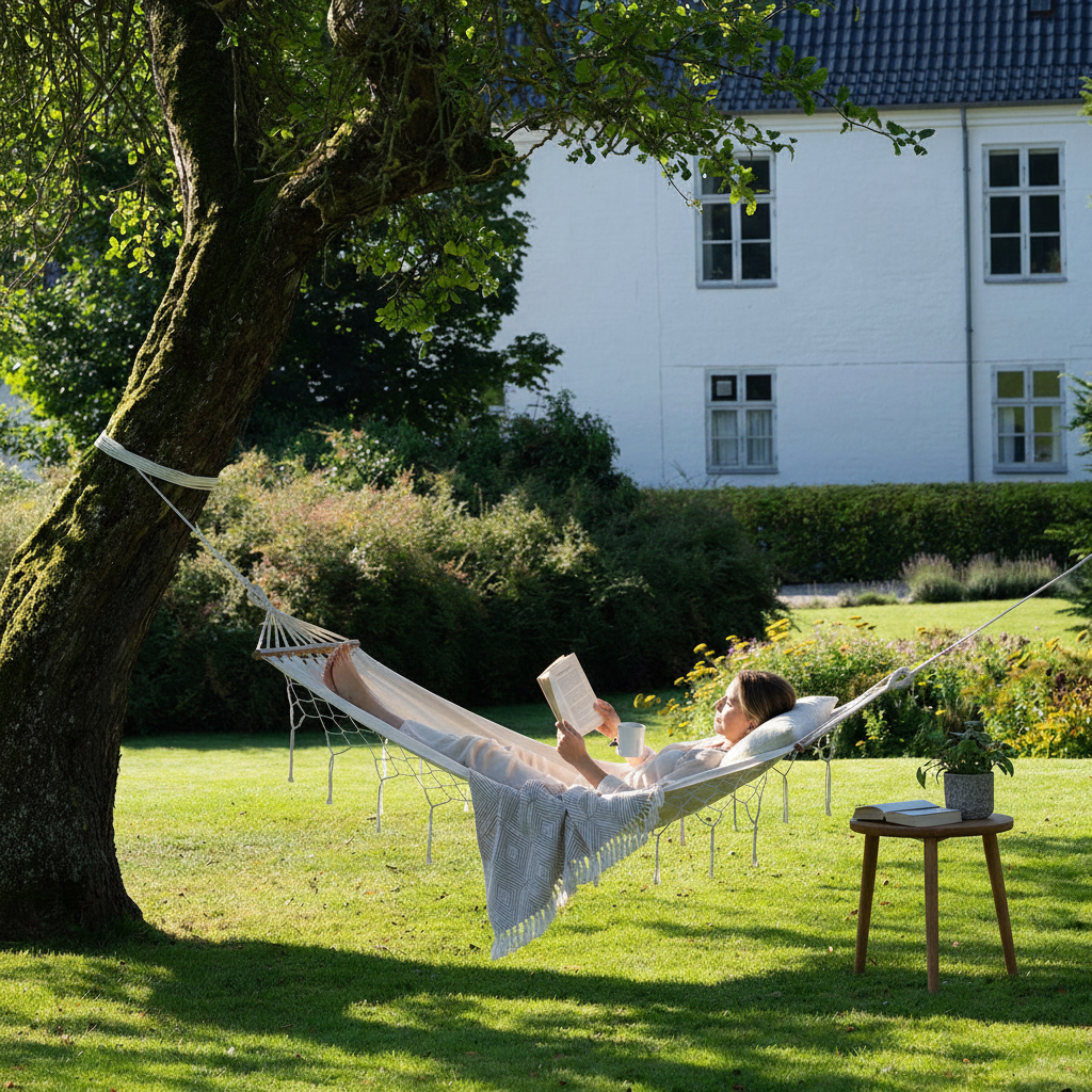 Luessa hengekøye i off white med frynser spent opp i hagen