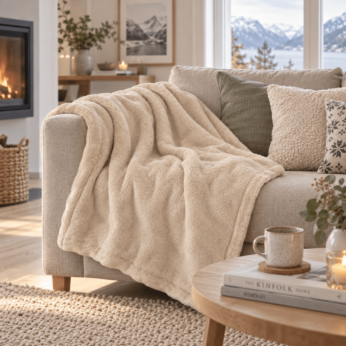 Beige mykt pledd 125 x 150 cm drapert over sofa i lys norsk stue med nordisk interiør.