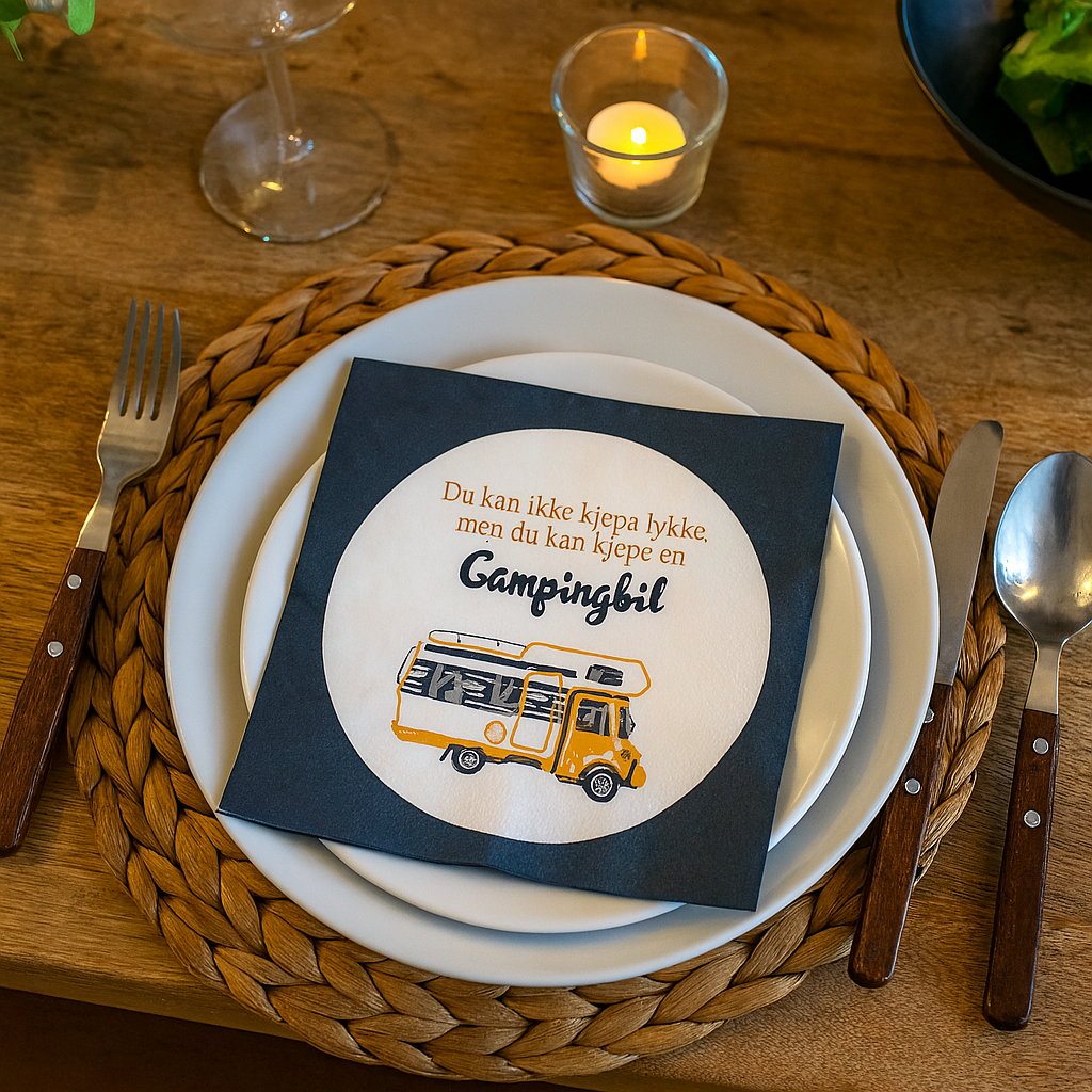 Serviett med motiv av gul campingbil og teksten «Du kan ikke kjøpe lykke, men du kan kjøpe en campingbil» – perfekt til sommerbordet.