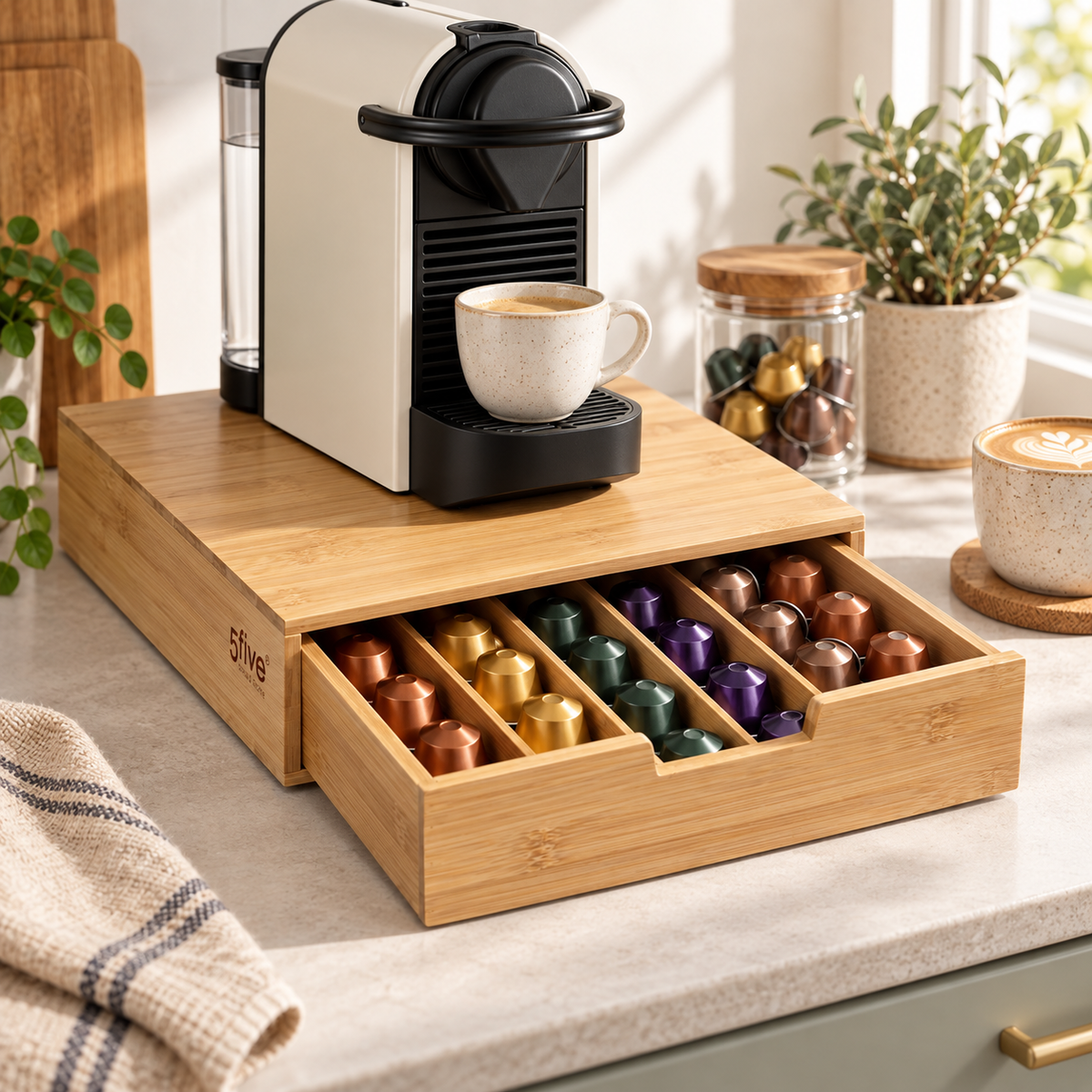 Kaffekapselskuff i bambus med kaffemaskin på toppen og åpen skuff fylt med fargerike kaffekapsler i en lun, nordisk kjøkkenkrok.