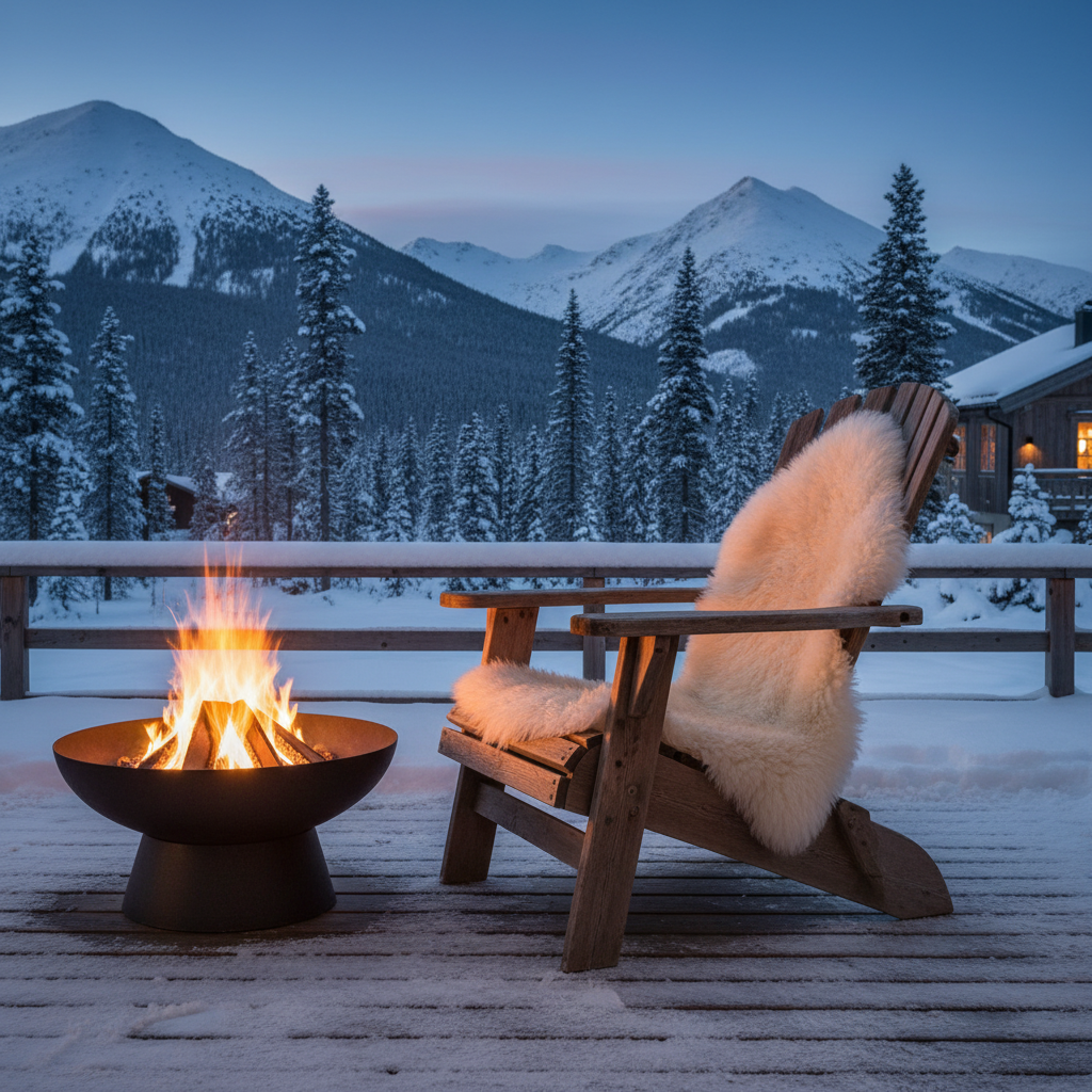 Cremefarget saueskinn på trestol ved bålpanne på snødekt fjellhytte i vinterlandskap