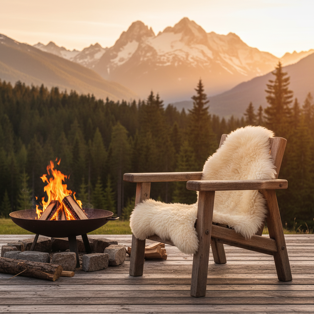 Cremefarget saueskinn på trestol ved bålpanne på fjellhytte med utsikt mot skog og fjell