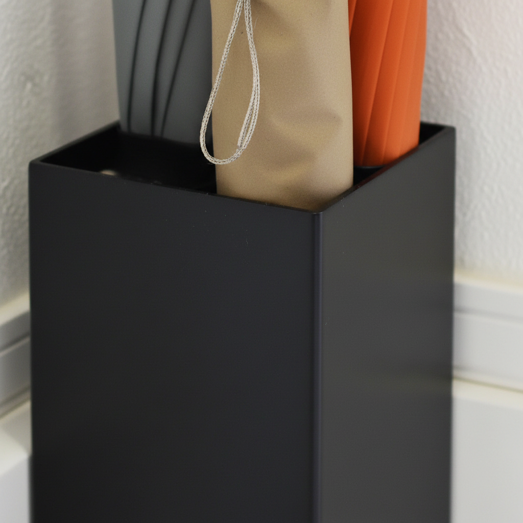 Kompakt paraplyholder i sort med dryppbrett til små og store paraplyer