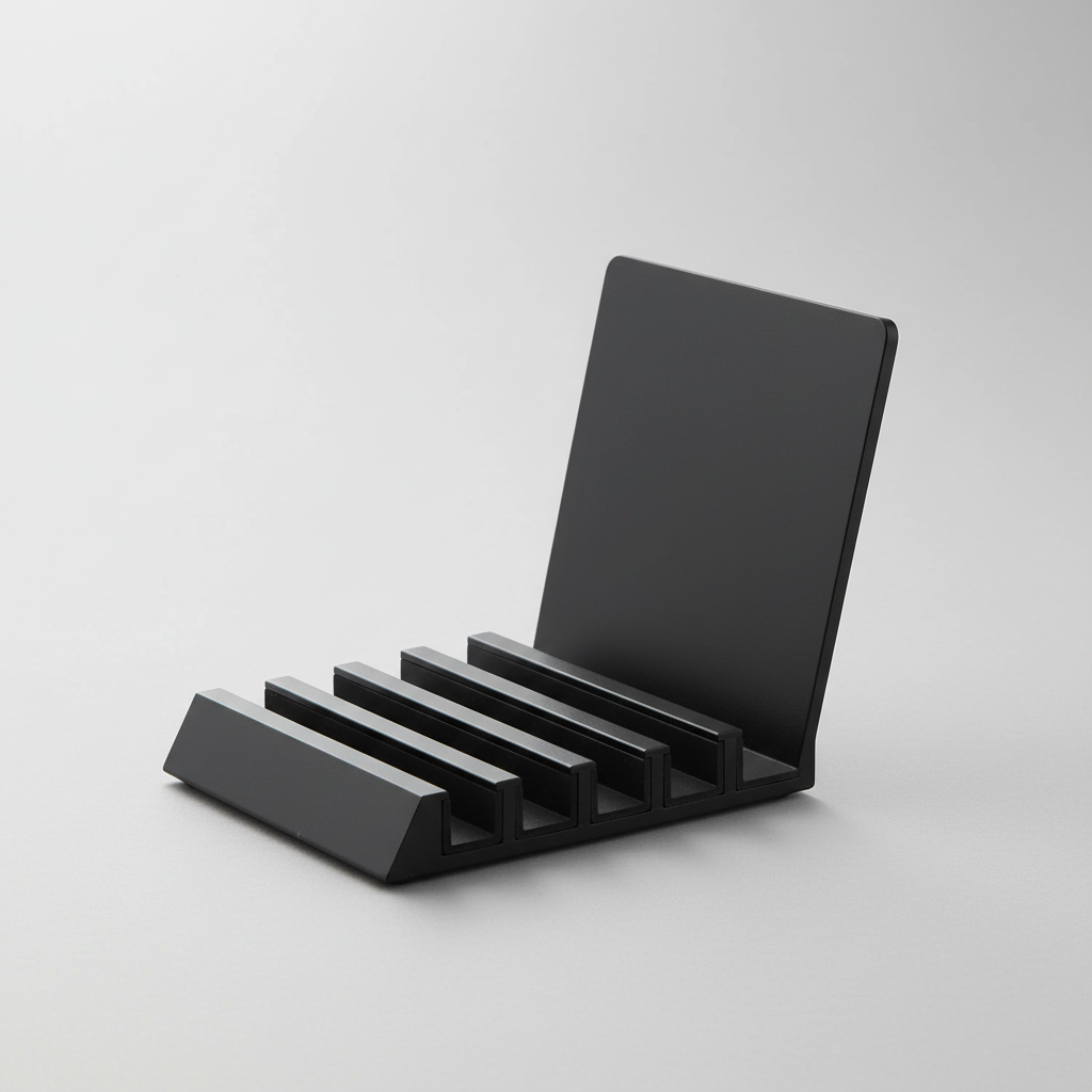 Svart holder til telefoner og tablets for resepsjon eller arbeidsplass