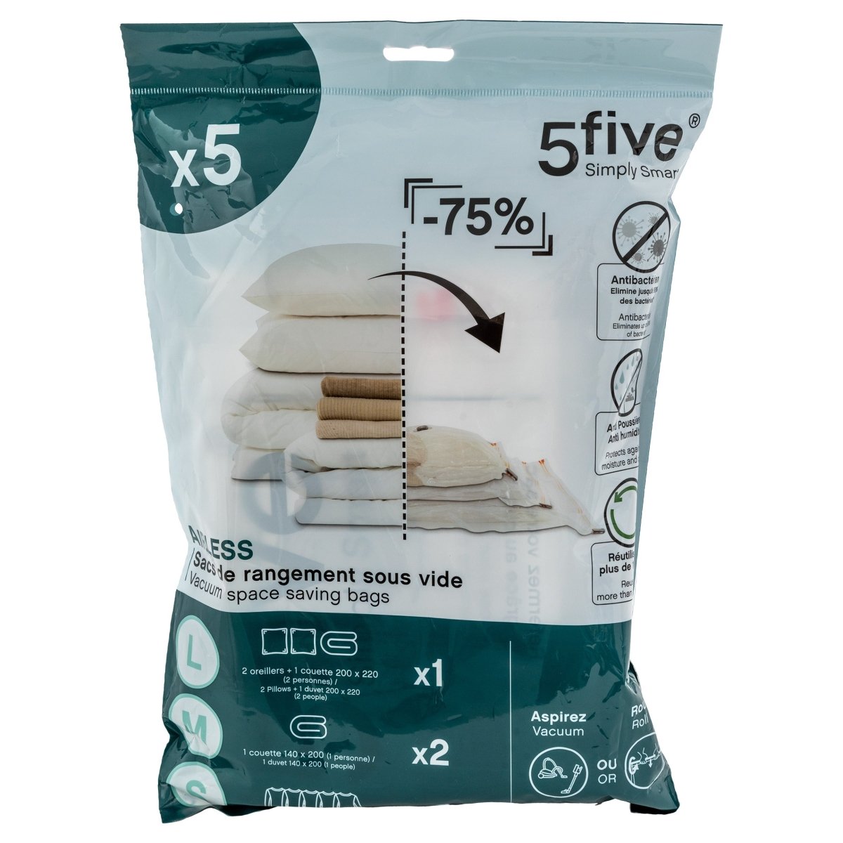 5 pk vakuumposer fra 5Five Simply Smart vist med komprimerede tekstiler til plassbesparende opbevaring.