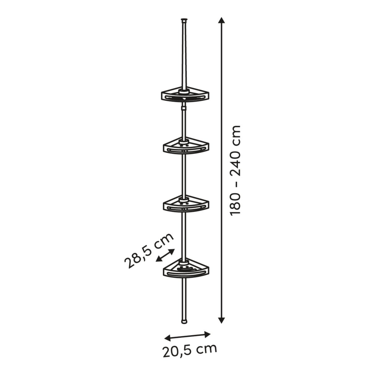Måleteckning av svart duschhylla med höjd 180–240 cm, hyllebredd 28,5 cm och fotbredd 20,5 cm.