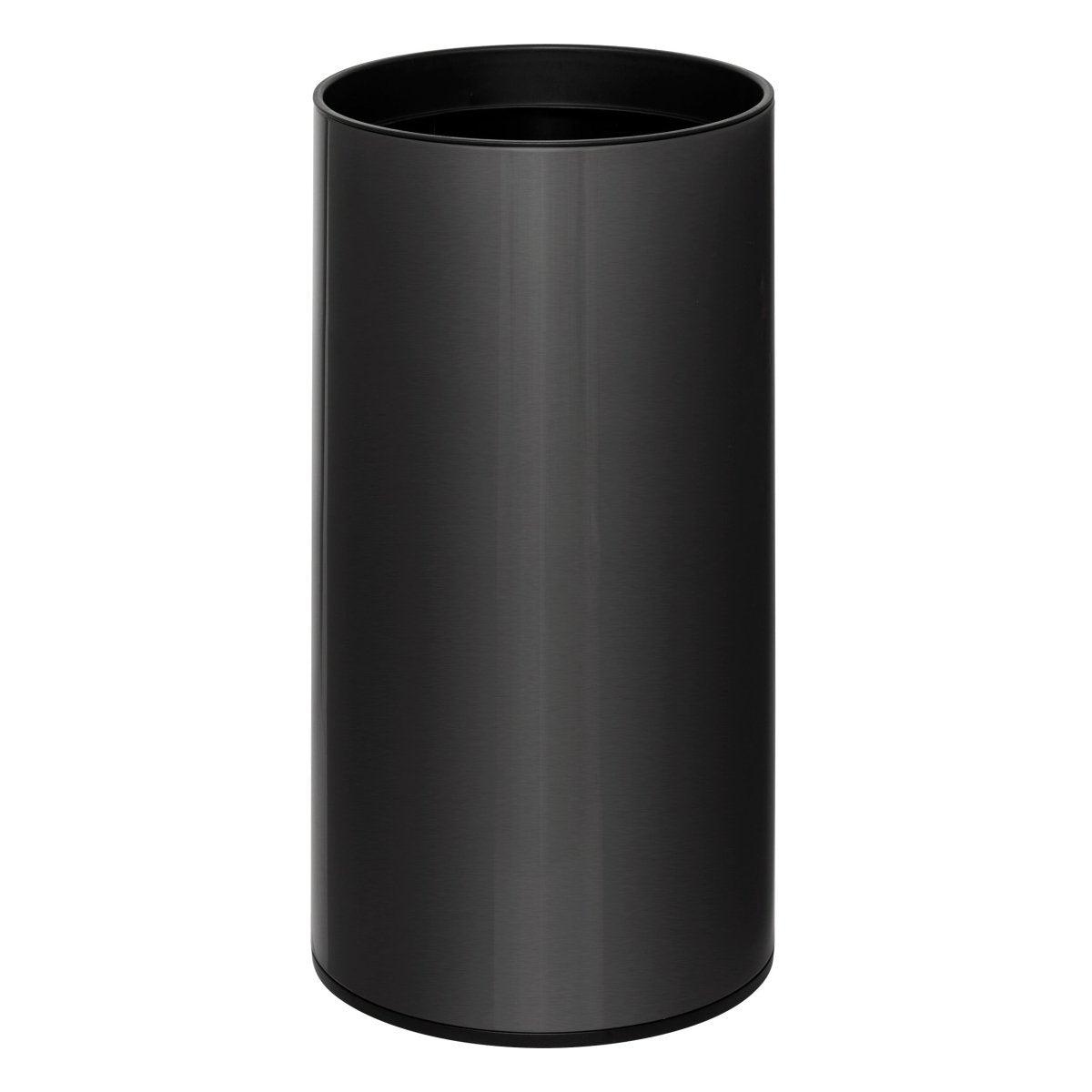 Sort sensorbøtte 40 liter vist fra siden med sylinderformet design i rustfritt stål.