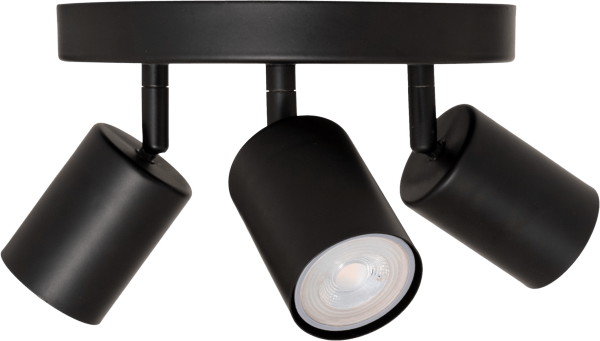 Vico plafond i svart med tre rörliga spotlights, sett skrått framifrån