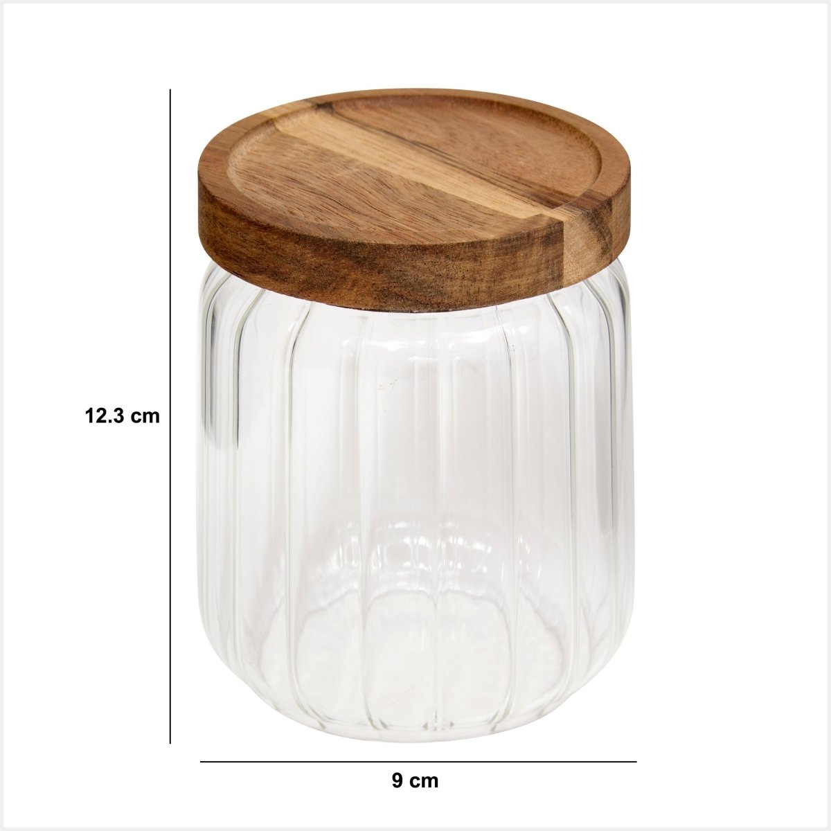 Glasskrukke med akasielokk 500 ml vist med mål på hvit bakgrunn