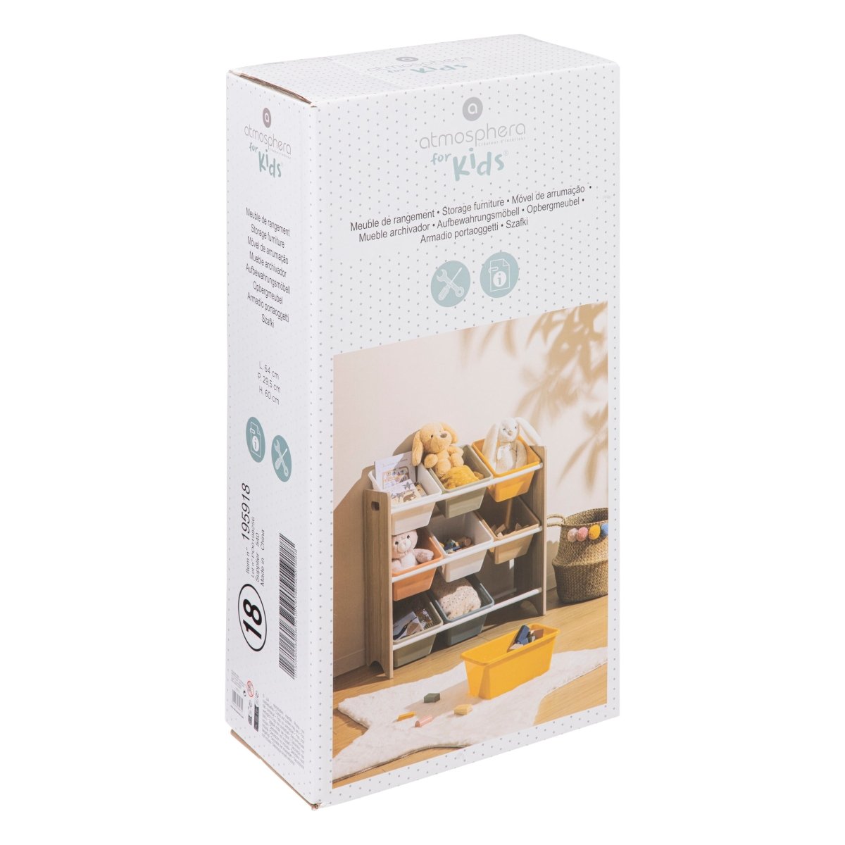 Oppbevaringsreol for barn med 9 kurver vist i original emballasje.
