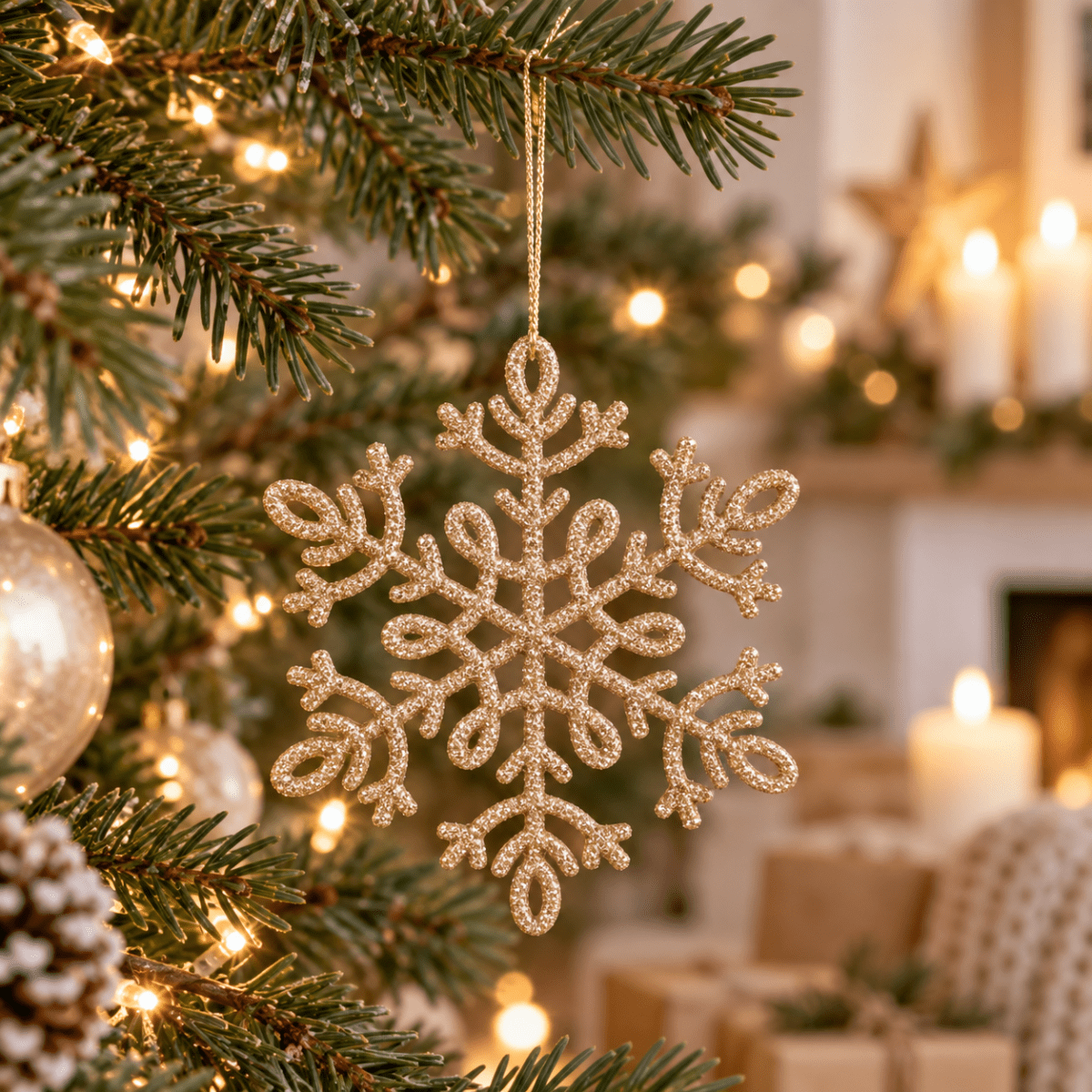 Utsøkt julepynt til treet formet som en snøkrystall.