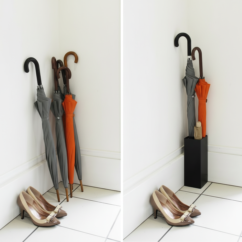 Lite paraplystativ til gang med plass til både lange og korte paraplyer