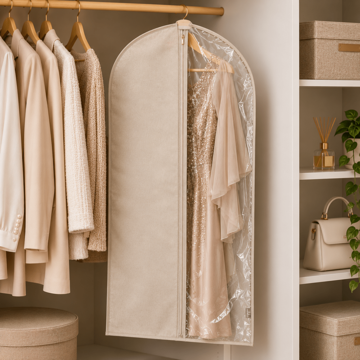 Beige dresspose med gjennomsiktig vindu hengende i garderobe med kjole