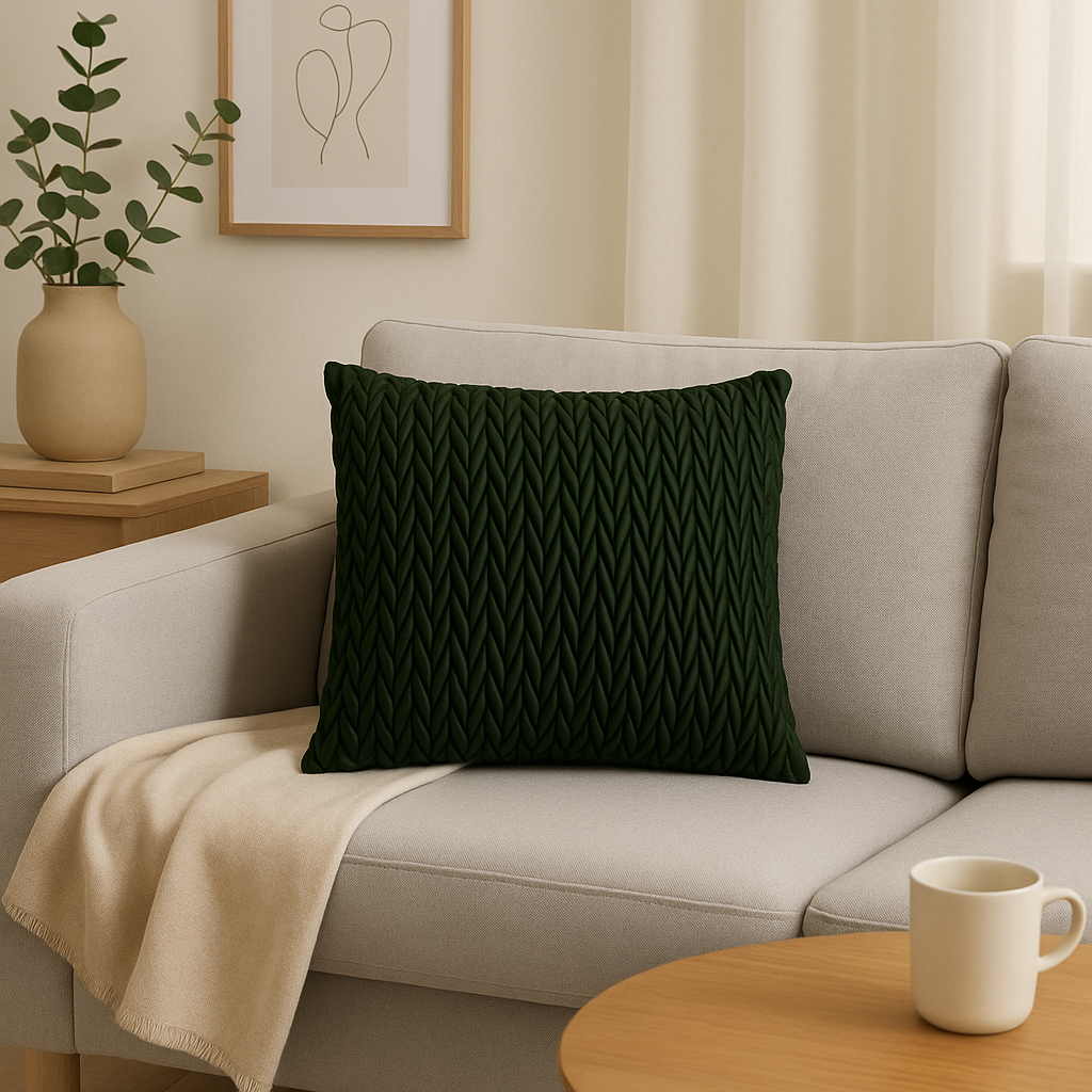 Dekorativ pute med tekstur i dyp grønnfarge, plassert i koselig stuemiljø.