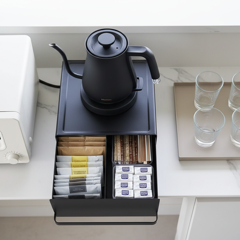 Sort benkeorganisator med skuff og plass til små apparater på toppen