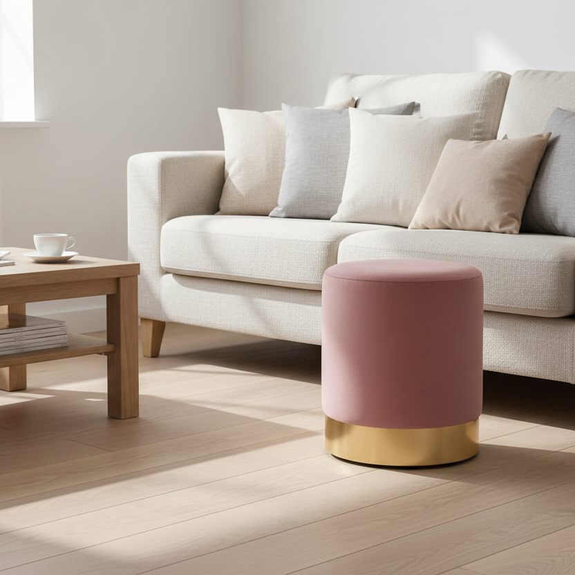 Detaljbilde av myk velouroverflate på Gamby puff i rosa