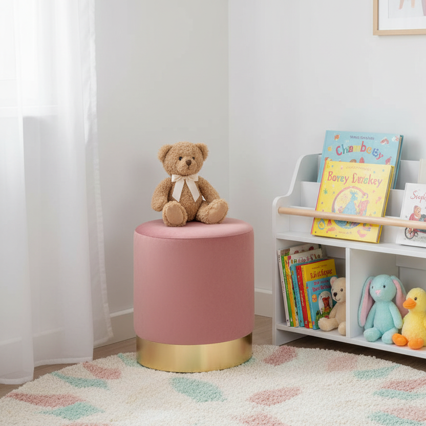 Gamby puff i rosa velour med gullfarget base i barnerom