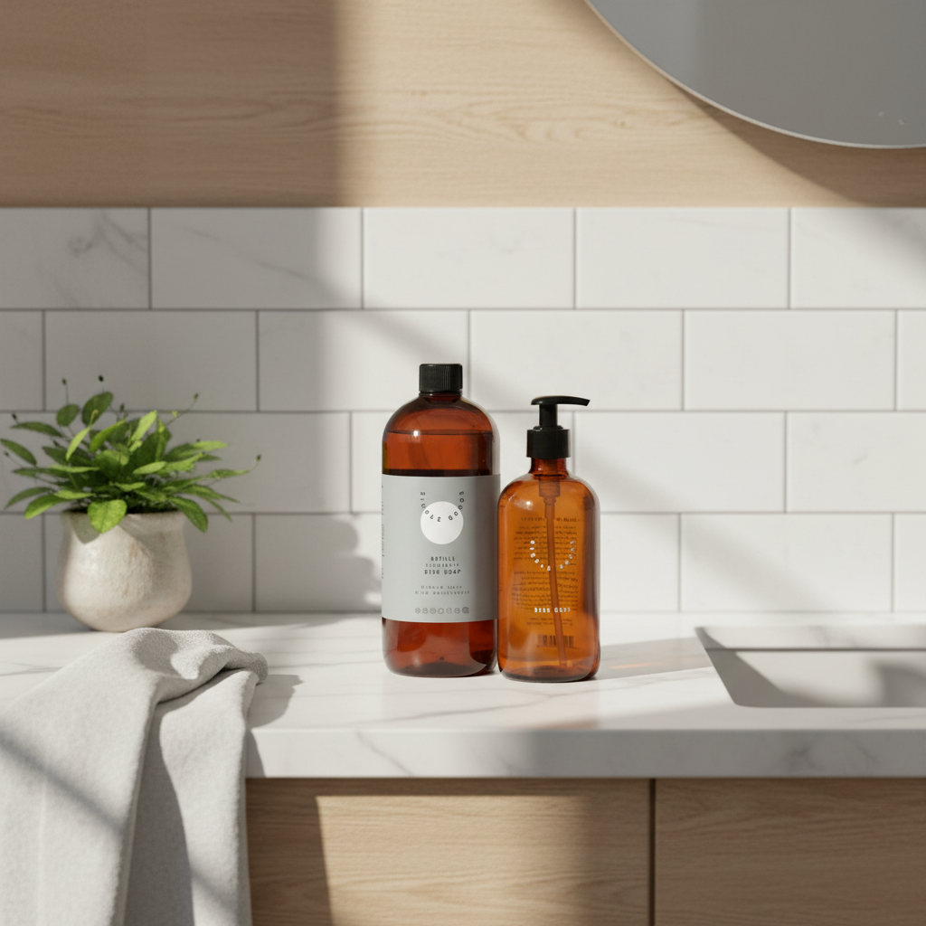 oppvasksåpe refill i brun flaske med grønn etikett
