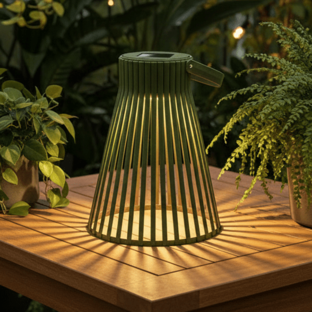 LED solcellelampe på stenhelle ved vindue og grønne planter