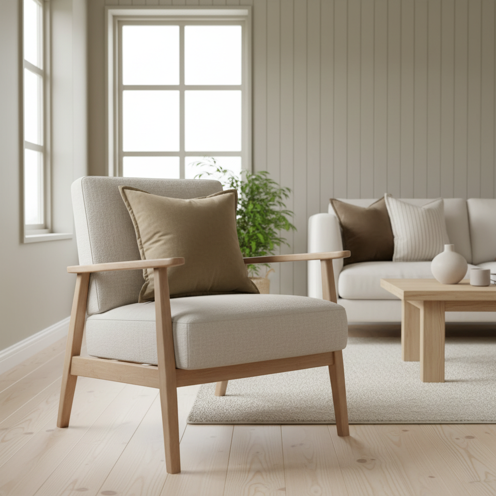 Halvor Bakke pyntepute stylet i stue med lune tekstiler