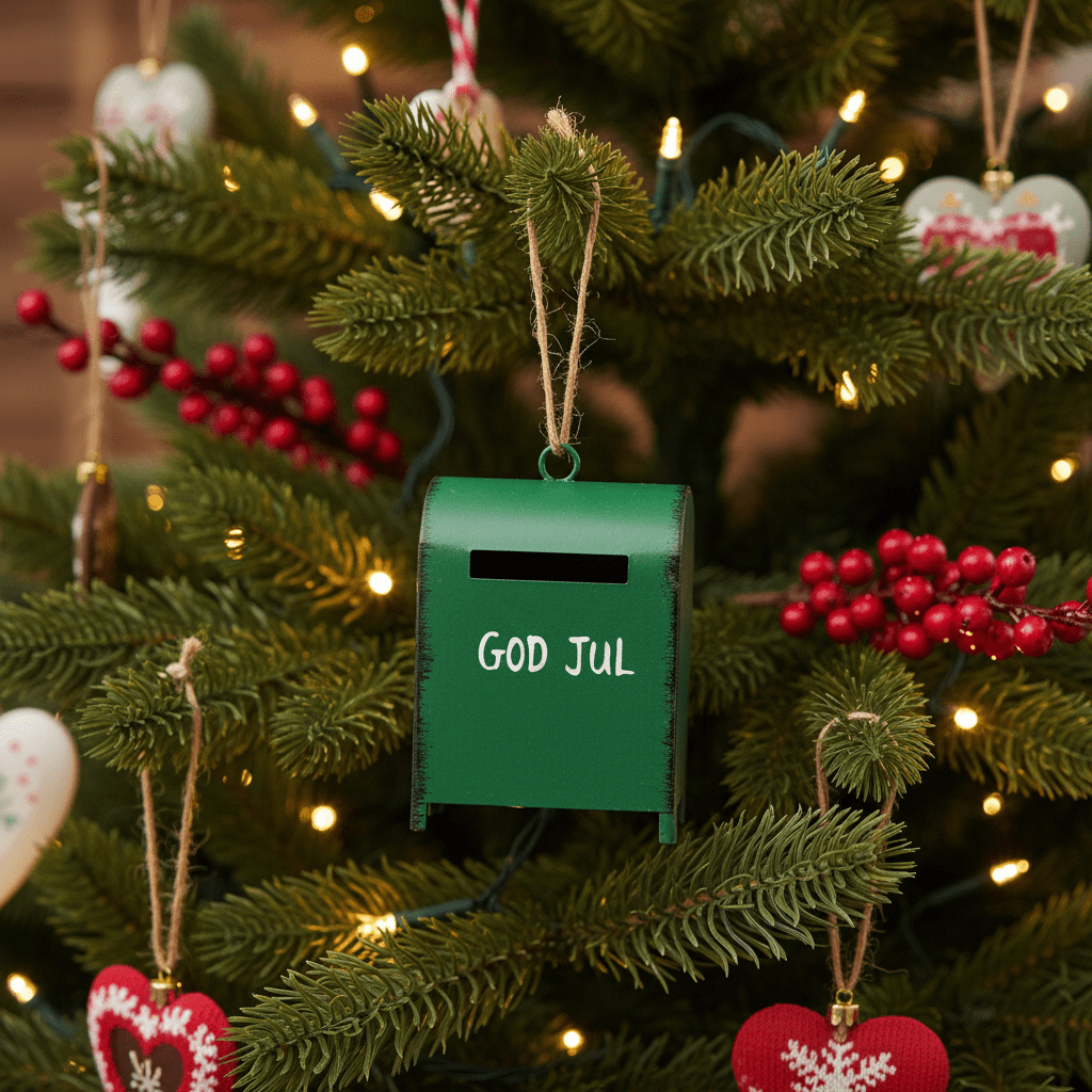 Julepynt med grön postkåsa och vit text för klassisk julstämning