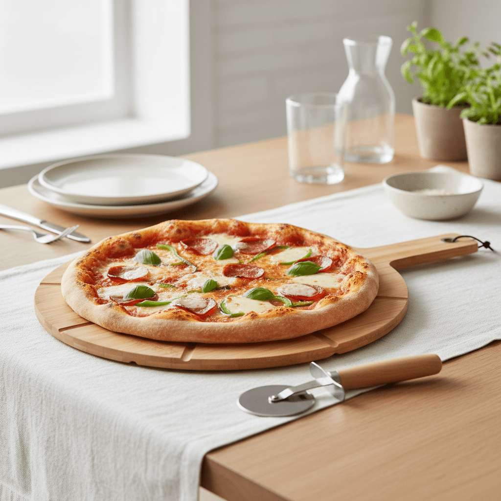 Pizzabrett i bambus med pizzakutter 37 cm - Lindas Dekor Pizzabrett