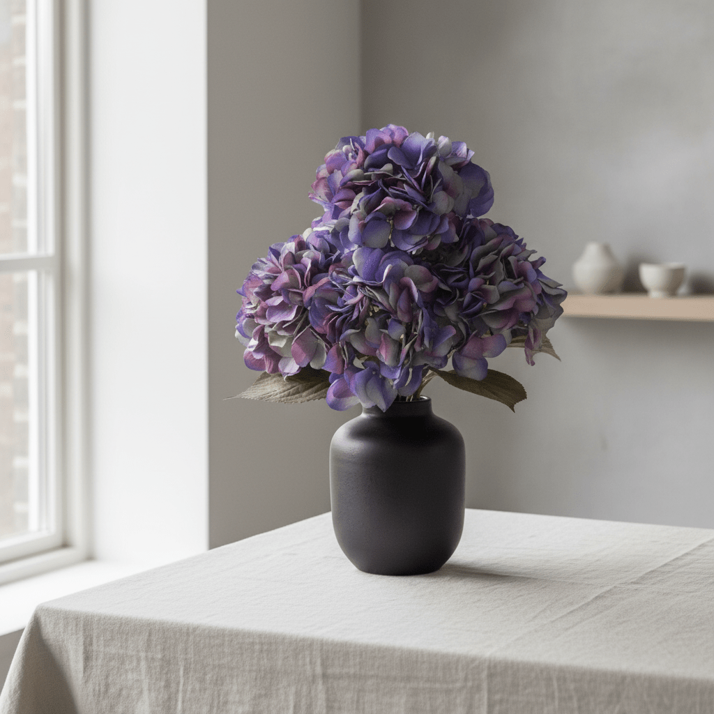 Hortensia i mørk keramikkvase