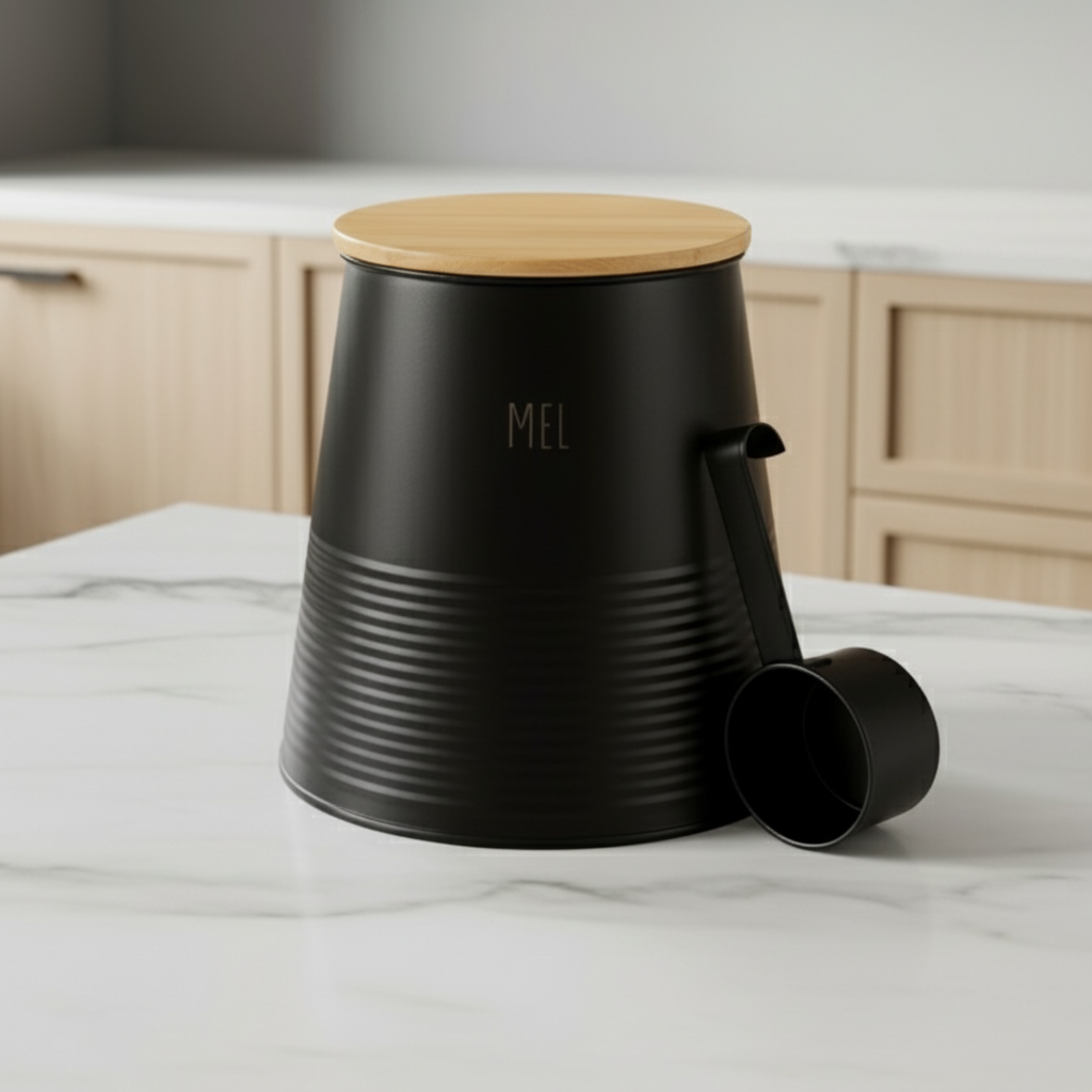 Box för mjöl, svart metall