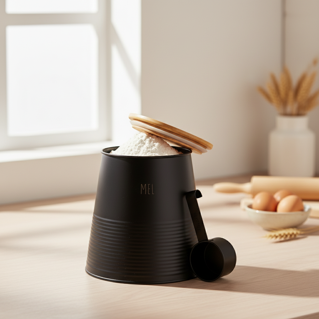 Box för mjöl, svart metall