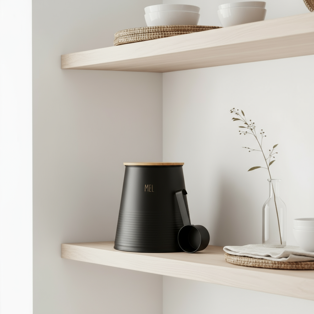 Box för mjöl, svart metall