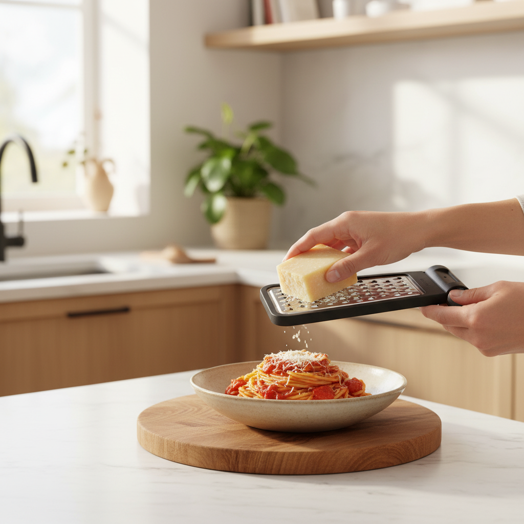 Mini rivjern med middels grov riveflate og transparent beholder