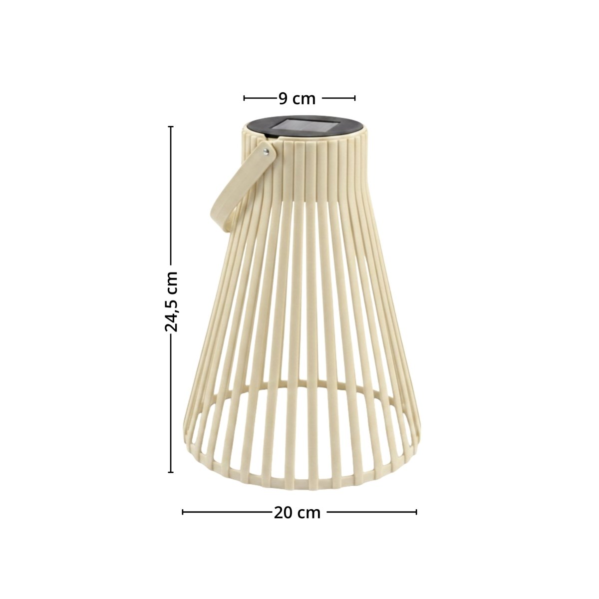 Beige solarlykt vist med mål for 20 cm bredde nederst, 9 cm bredde øverst og 24,5 cm høyde. - Lindas dekor