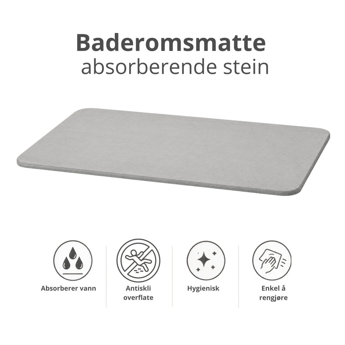 Baderomsmatte i absorberende diatomitt med produktfordeler og symboler