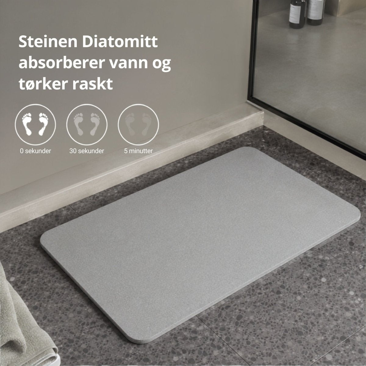 Grå diatomittmatte med informasjon om absorbering og hurtigtørking