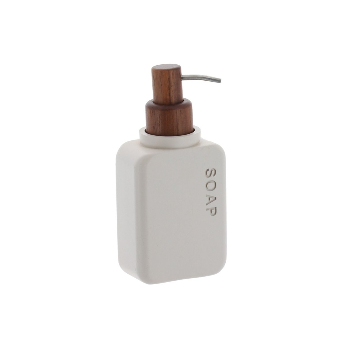Såpedispenser i beige polyresin med pumpe i akasie