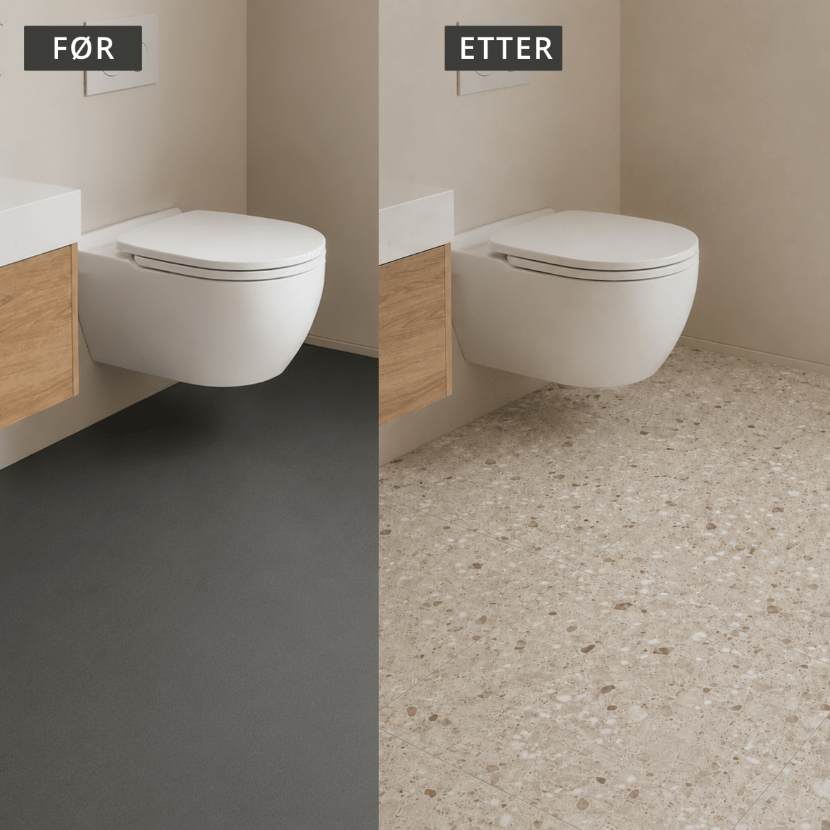 Før- og etterbilde av baderom med mørkt gulv som er fornyet med Sahara beige selvklebende terrazzo-fliser. - Lindas dekor