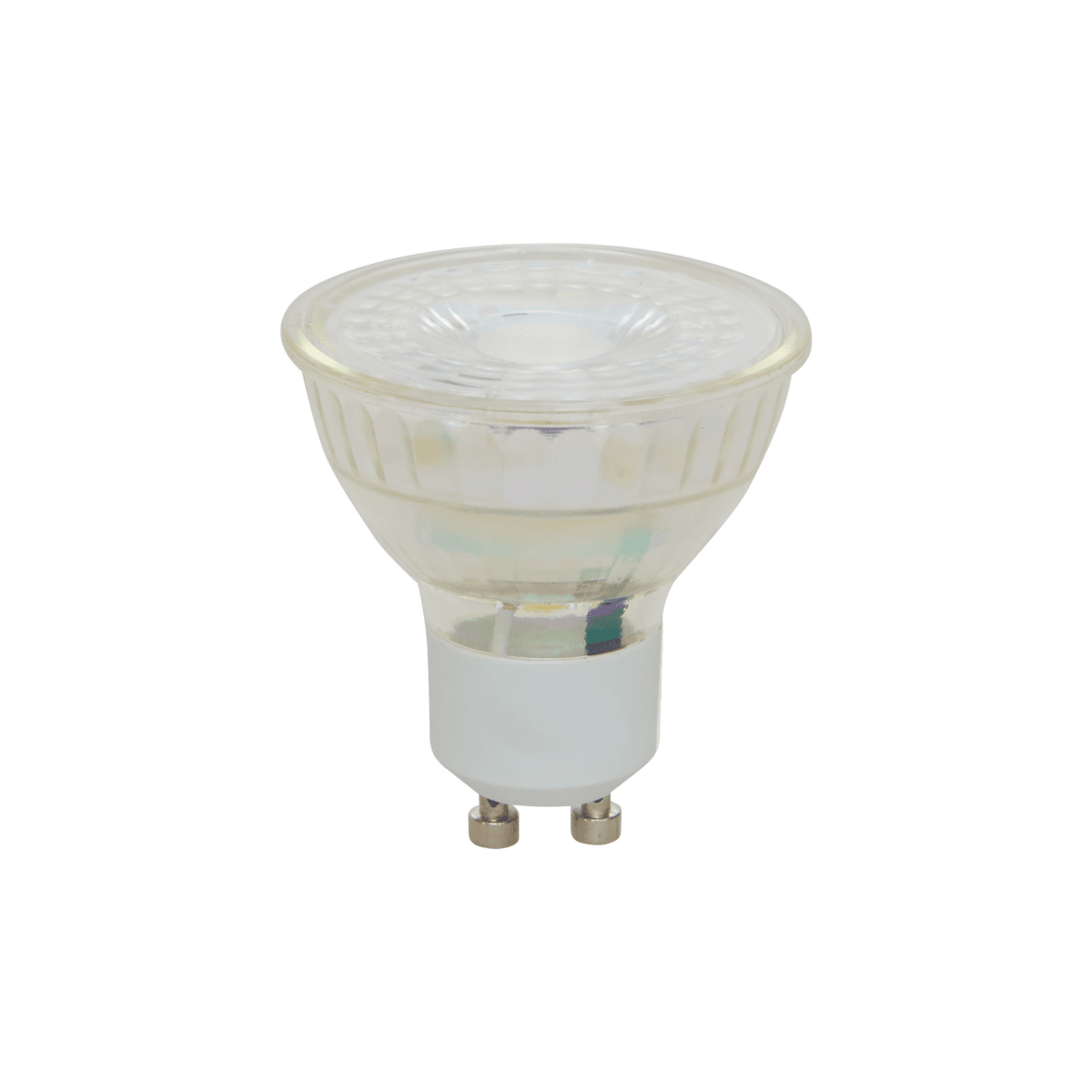 LED-pære GU10 4,5 W med varmvitt ljus och klart glas, vist på vit bakgrund