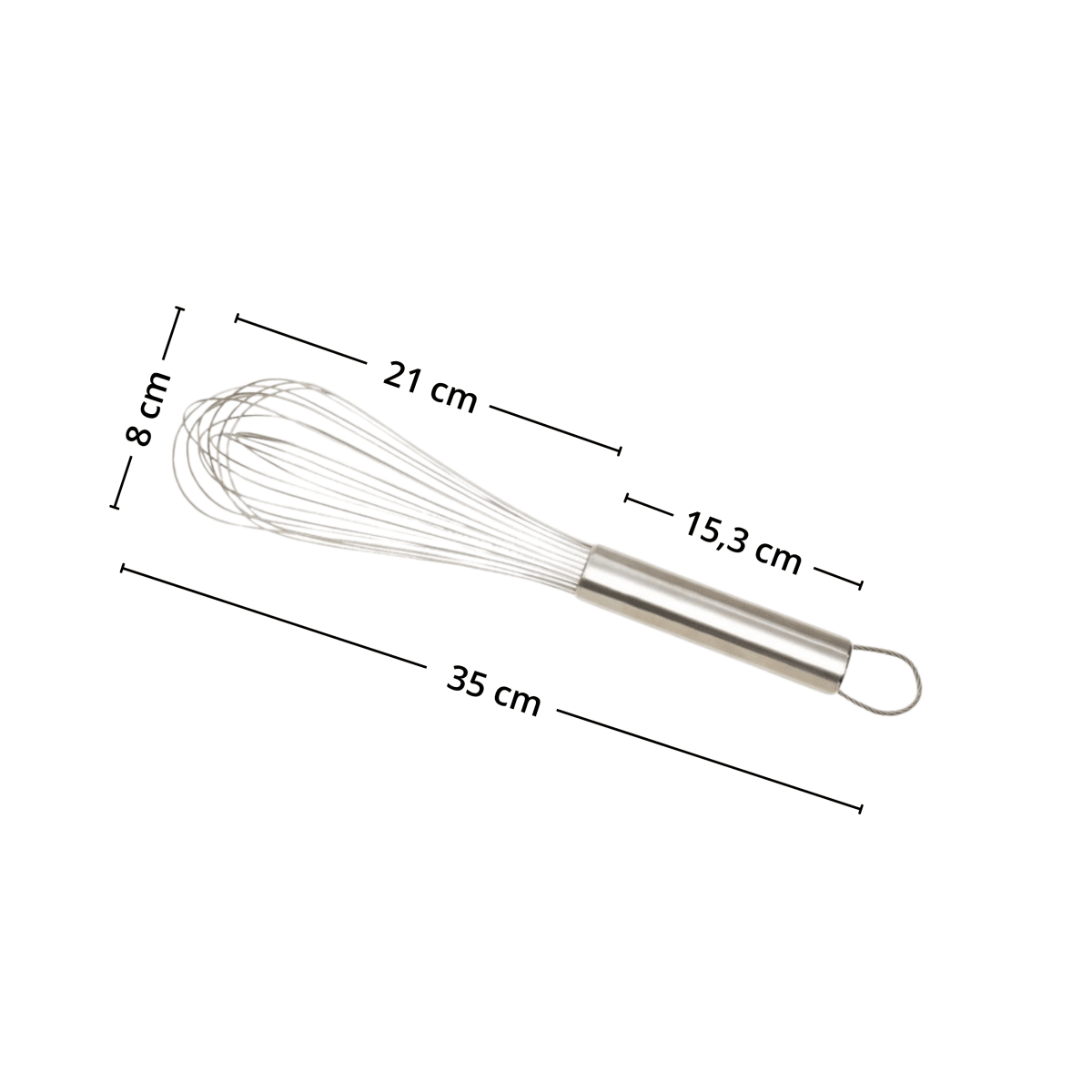 Ballongvisp i rustfritt stål med måltegning som viser lengde 35 cm, vispedel 21 cm, håndtak 15,3 cm og bredde 8 cm. - Lindas dekor