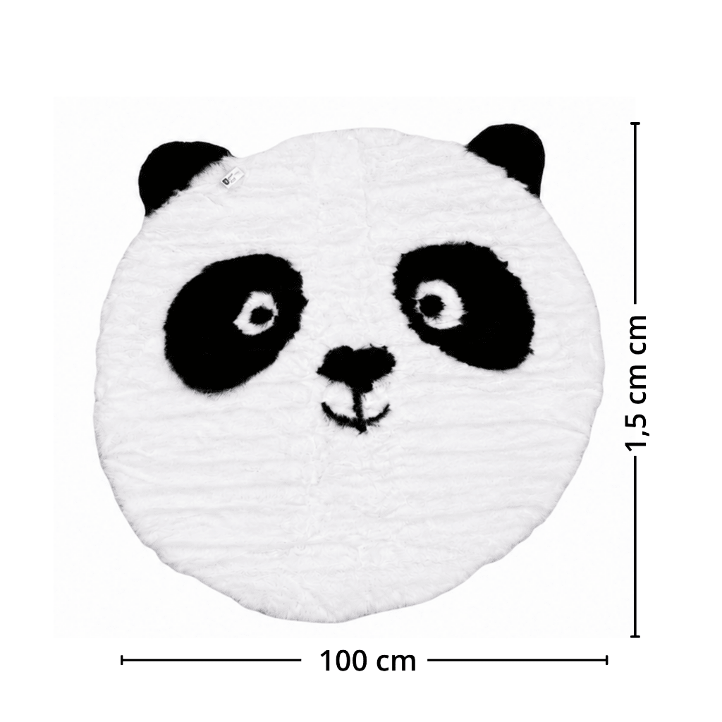 Rundt pandateppe i svart og hvitt med mål på 100 cm i diameter og cirka 1,5 cm høyde, formet som et pandaansikt med ører.
