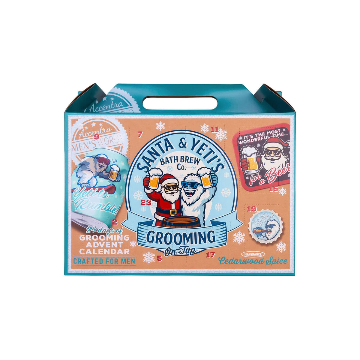 Adventskalender med 24 luker og øltema, turkis og orange gaveæske med julemand, grooming-motiv og bærehåndtag.