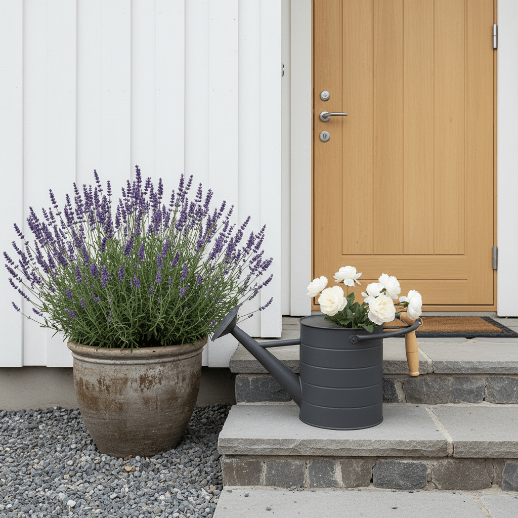 Dekorativ vannkanne med blomster plassert på et lite bord ved lavendel og andre planter på en lys uteplass. - Lindas dekor