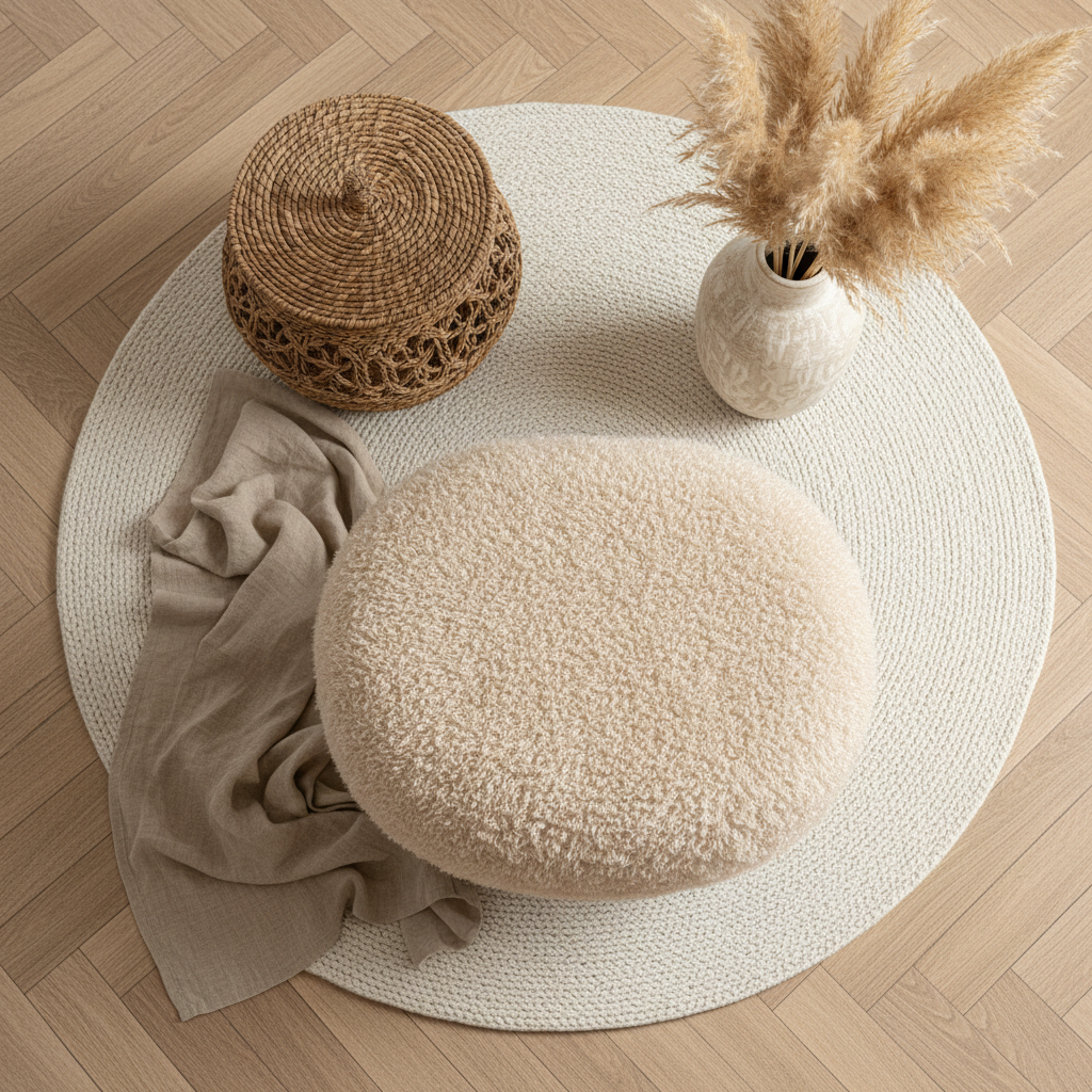 Lys brun puff i fuskepels plassert ved sofa i lyst interiør