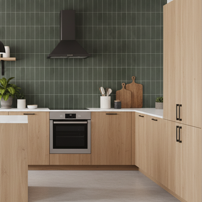 Katja mørk olivengrønn zellige fliser på kjøkkenvegg