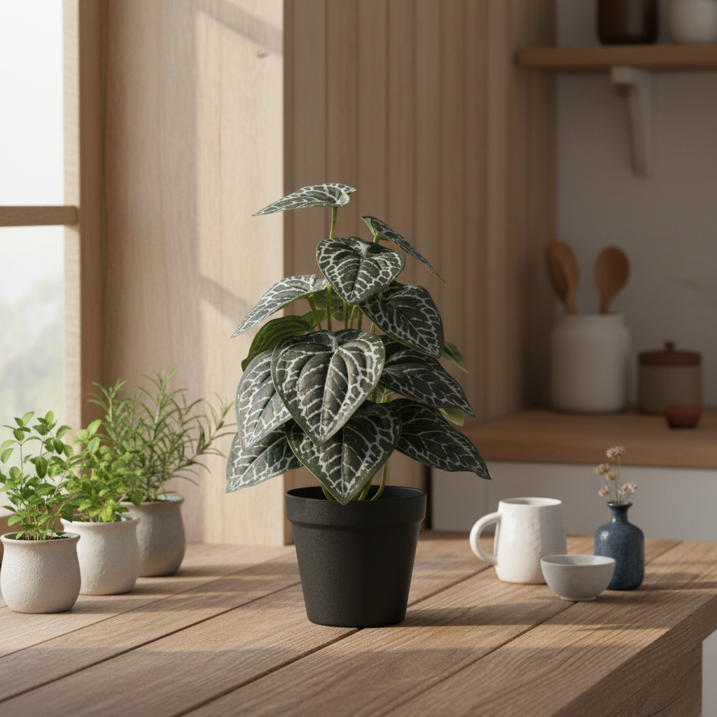 Dekorplante i PE plast med naturtro uttrykk og sort potte